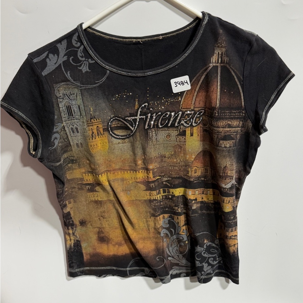 #3484-Firenze Short Sleeve Crop Top - Black with Gold Print
